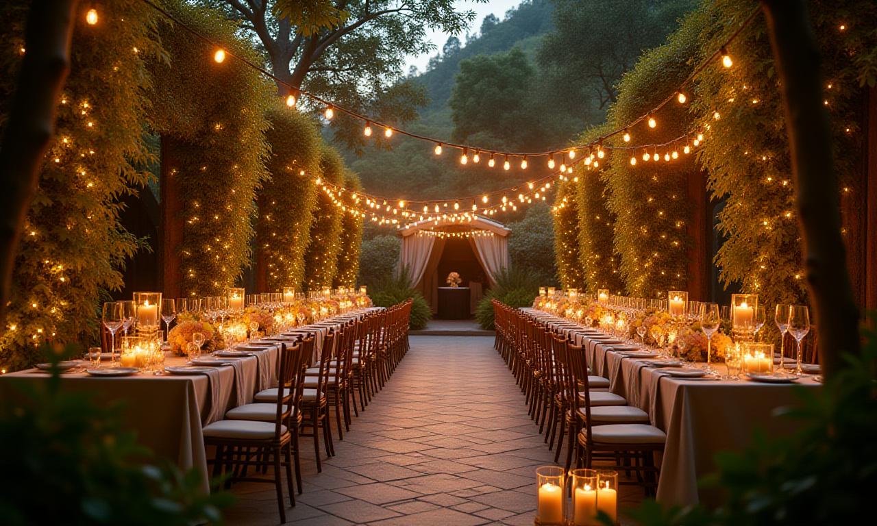 Panoramica di un allestimento per un evento all'aperto con festoni floreali e luci soffuse, molto suggestivo.