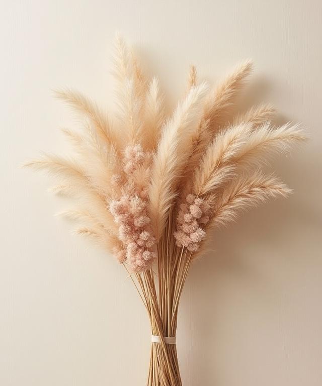 Composizione artistica con fiori secchi e pampas in tonalità naturali, dal sapore boho-chic.